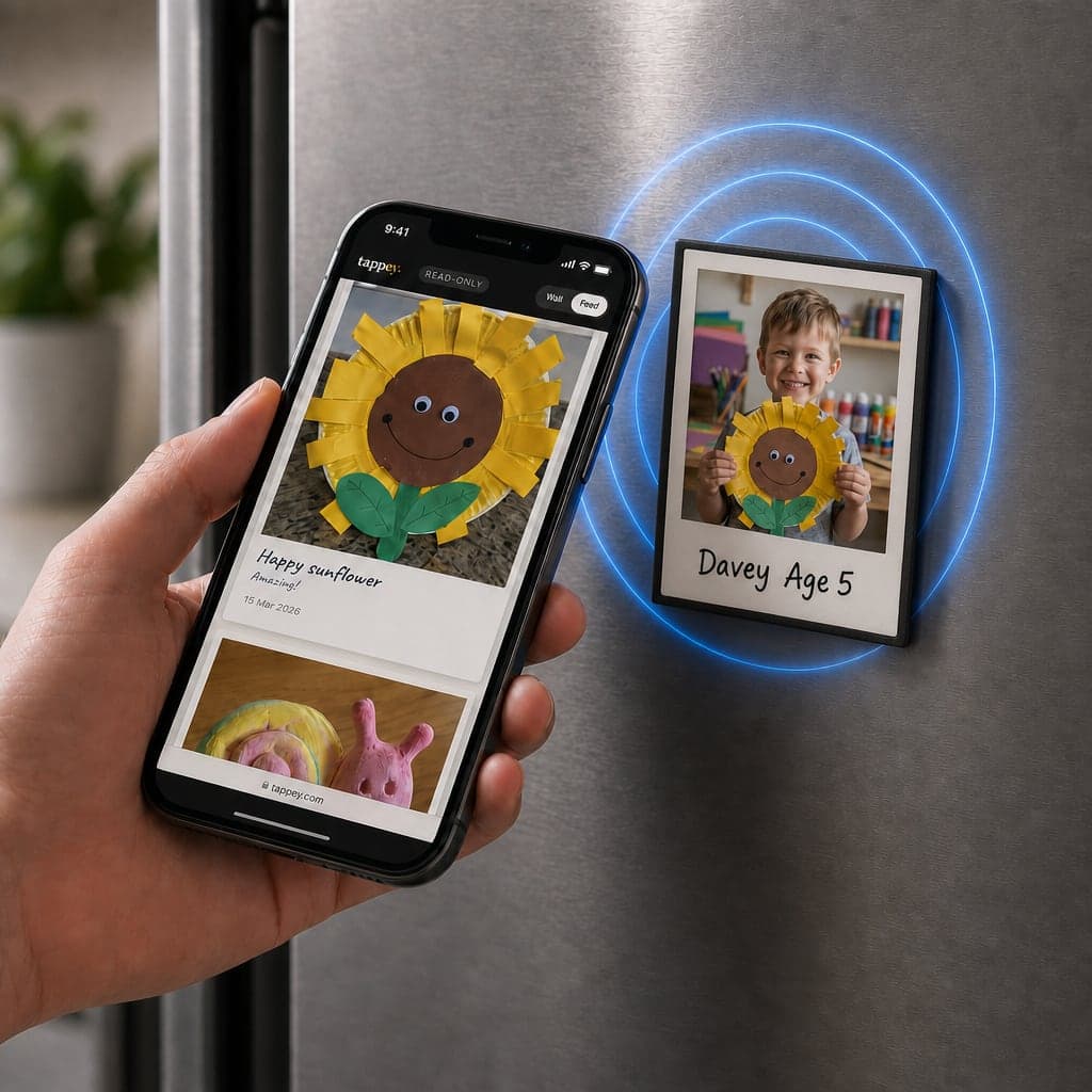 A phone tapping a tappey on the fridge, showing a child's sunflower artwork in the album