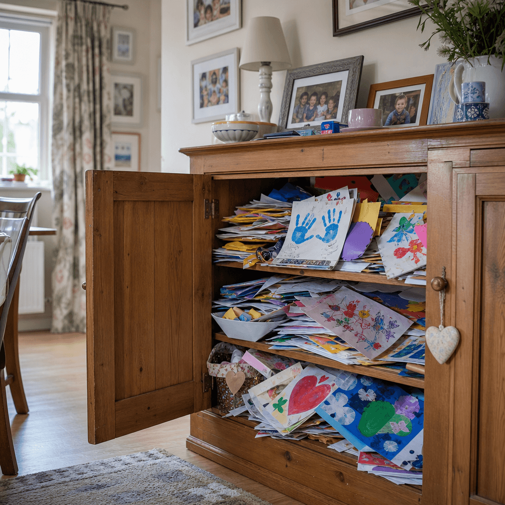 An open kitchen cabinet stacked with children's drawings, paintings and craft creations