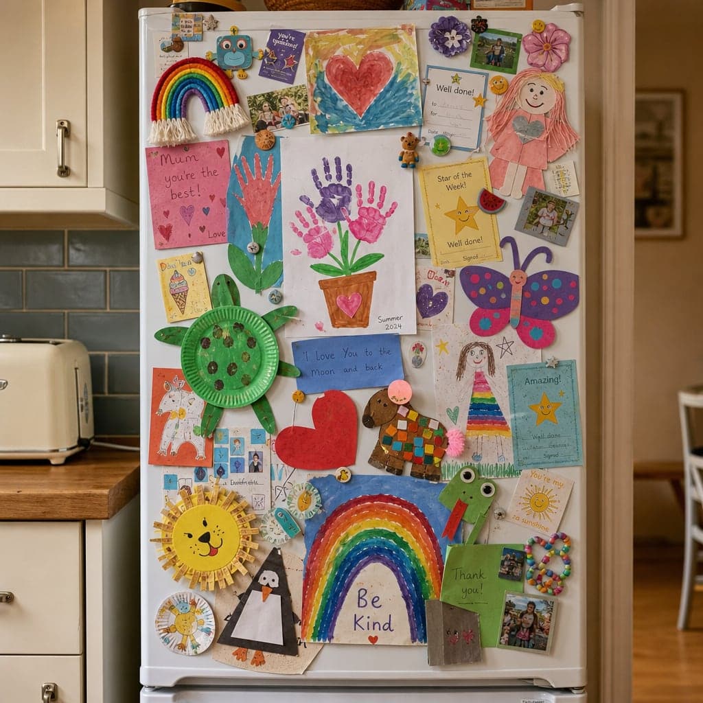 A fridge covered in children's drawings, handprints, certificates and craft creations