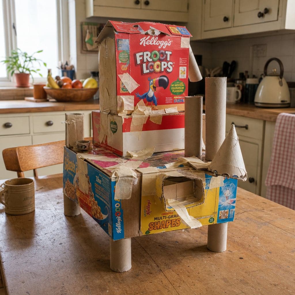 A cardboard castle made from cereal boxes and toilet rolls on a kitchen table