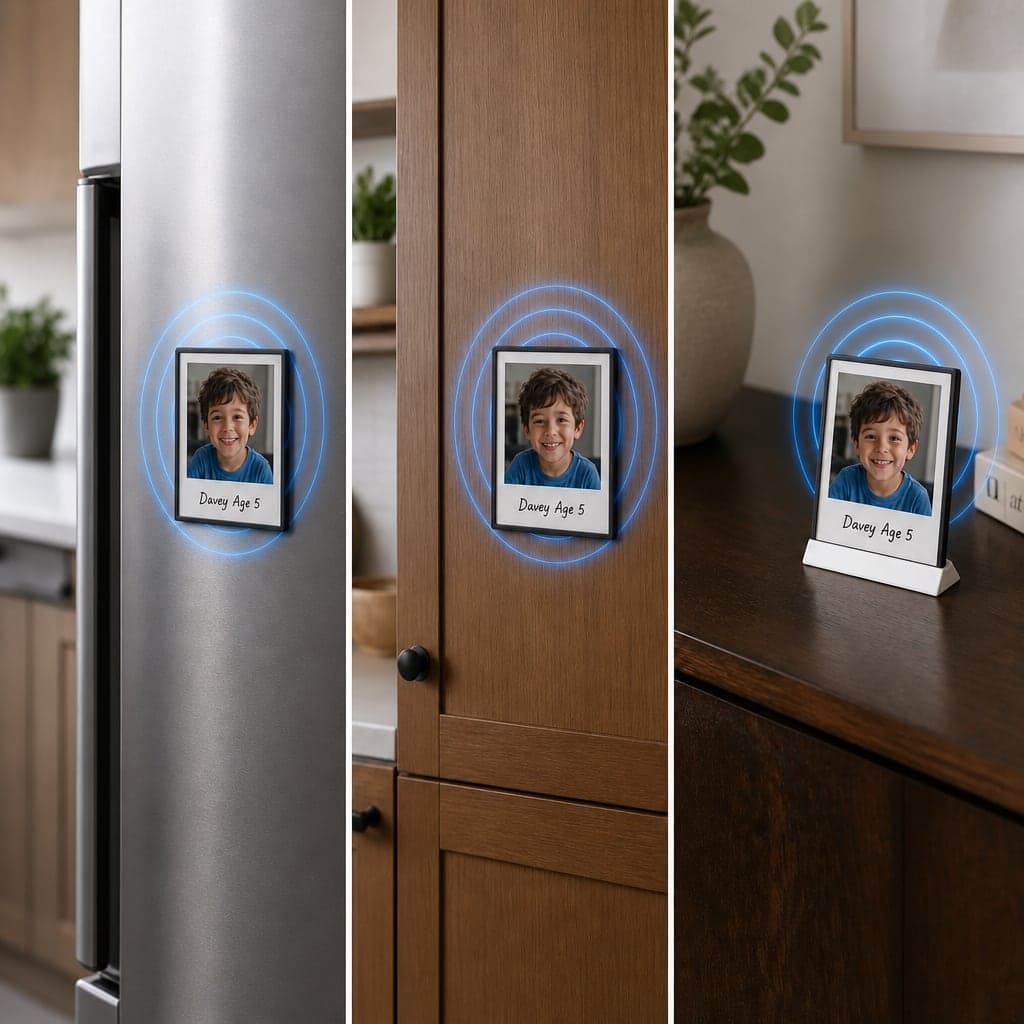 A tappey on a fridge, on a wooden cupboard, and standing on a shelf