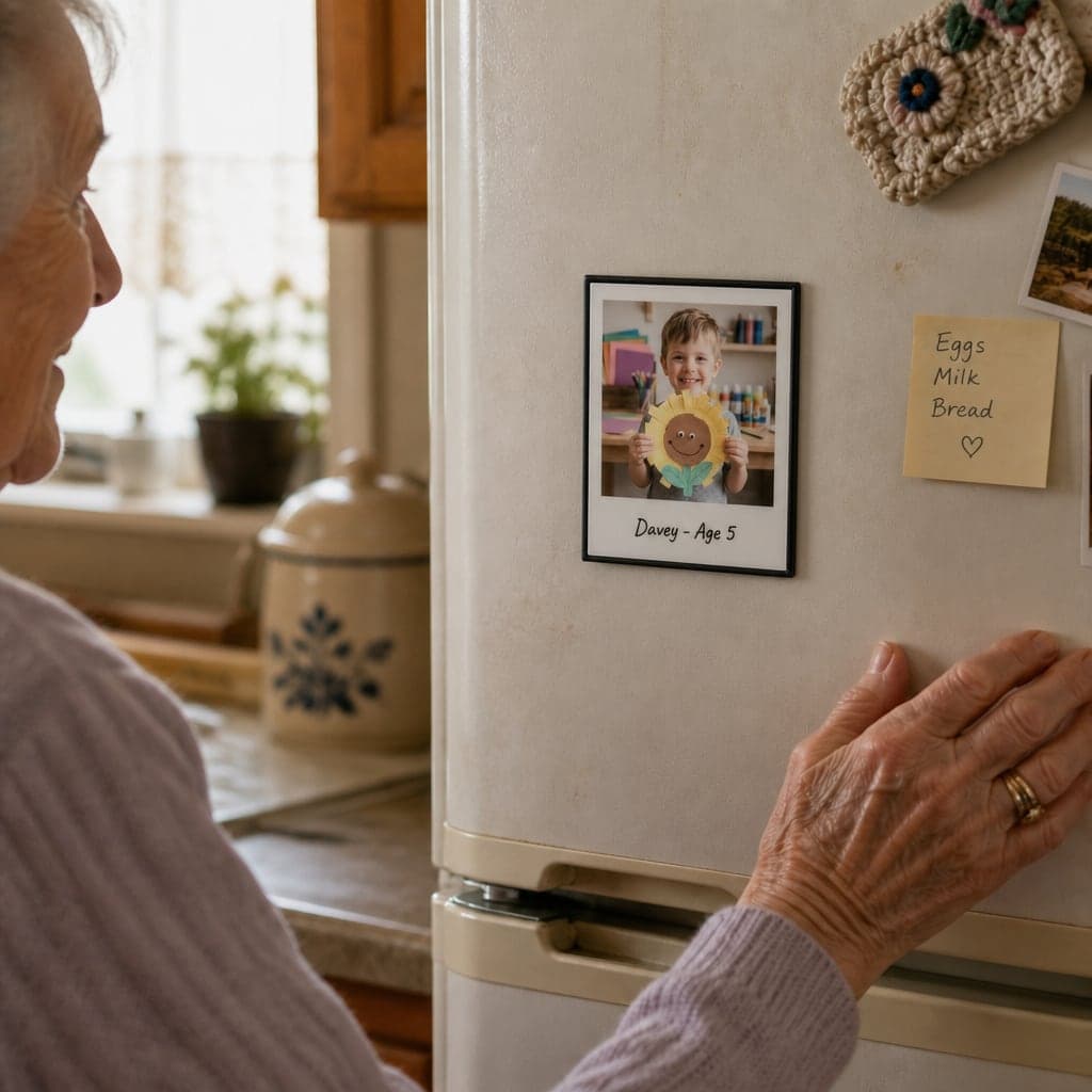 A grandmother looking at her grandchild's tappey on the fridge